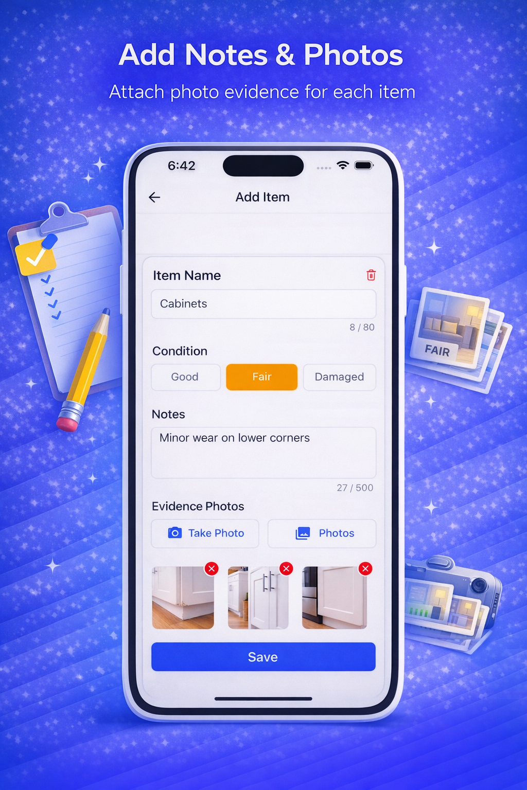 Add notes and photos screen
