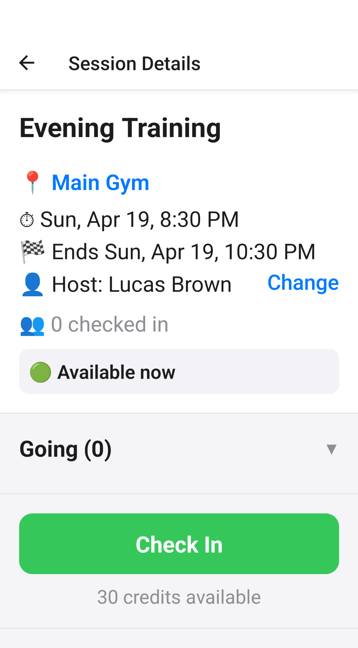 Passeo session details screen with green Check In button