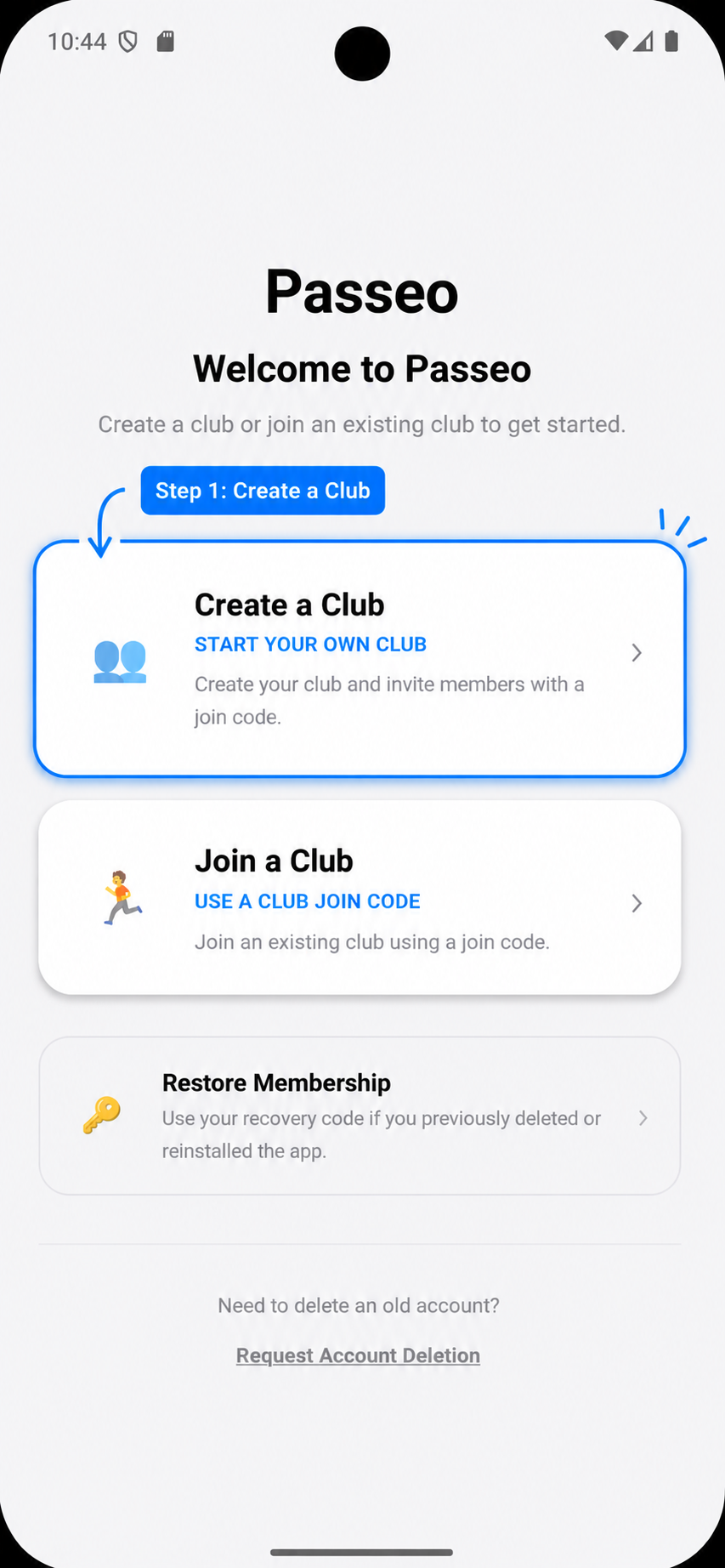 Passeo welcome screen with Create a Club button highlighted