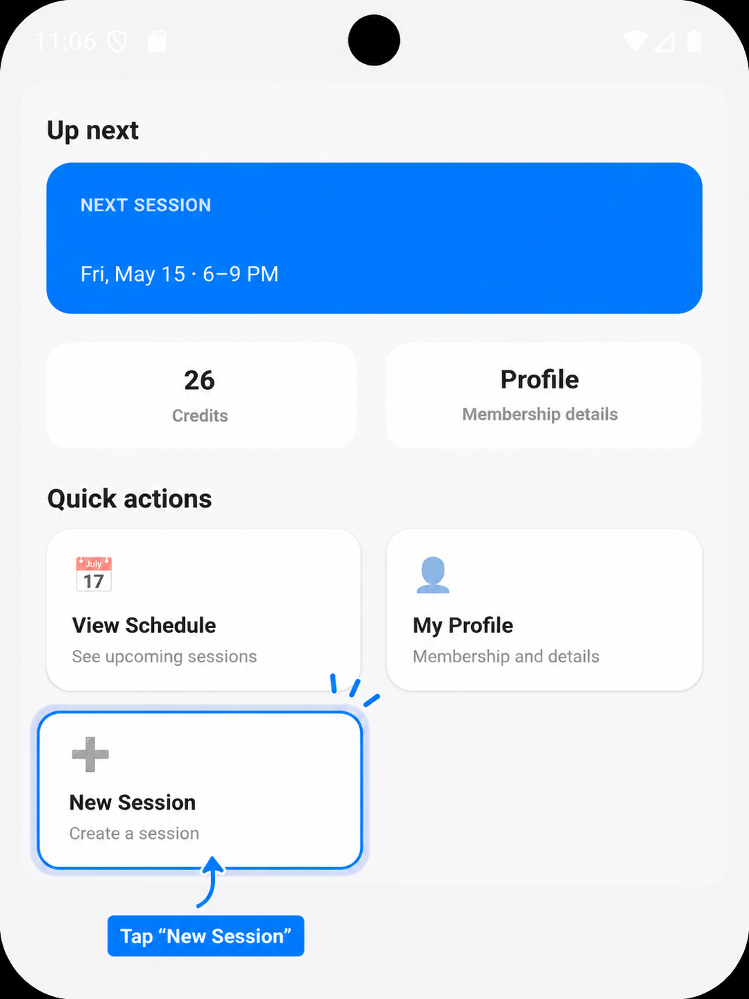 Passeo home screen showing the New Session button