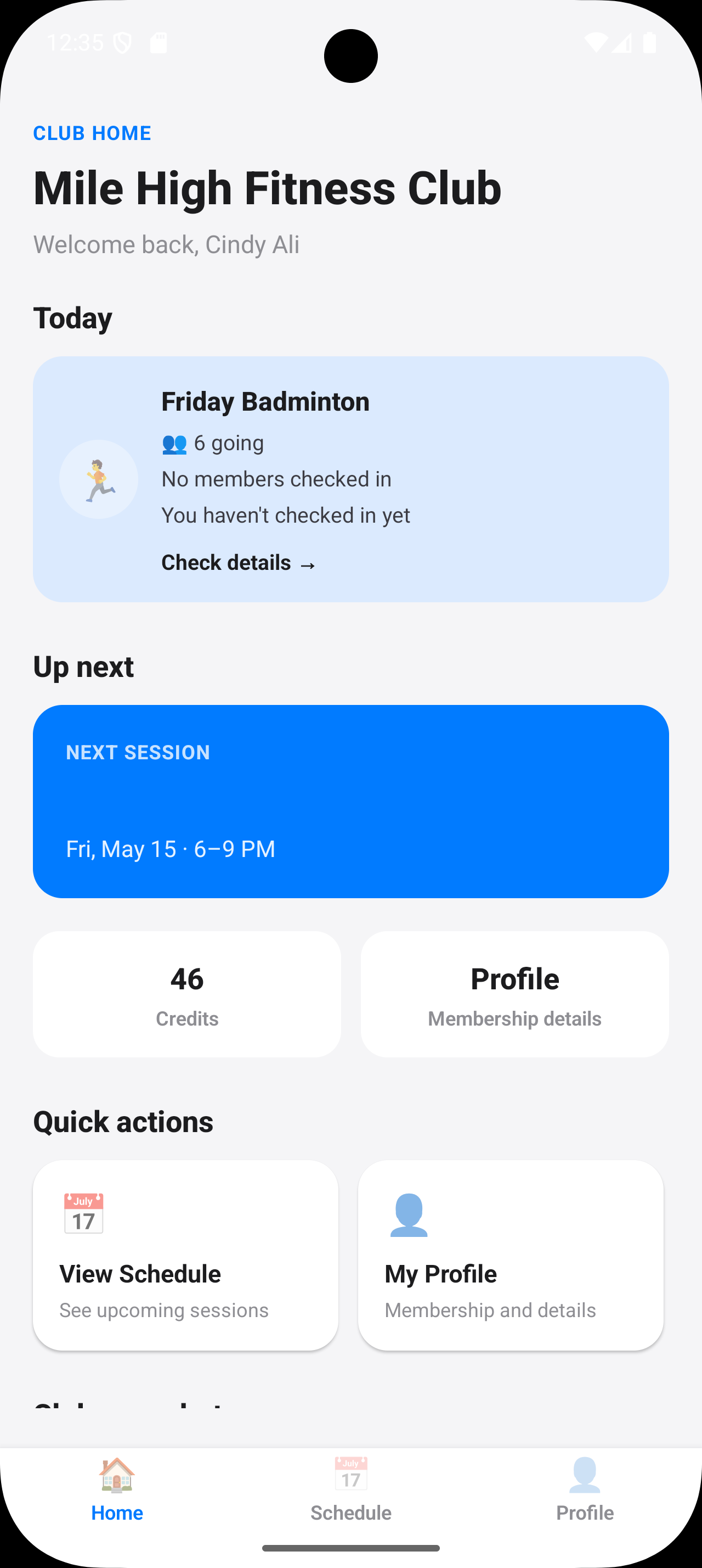 Passeo Home screen showing the number of members going to today's session
