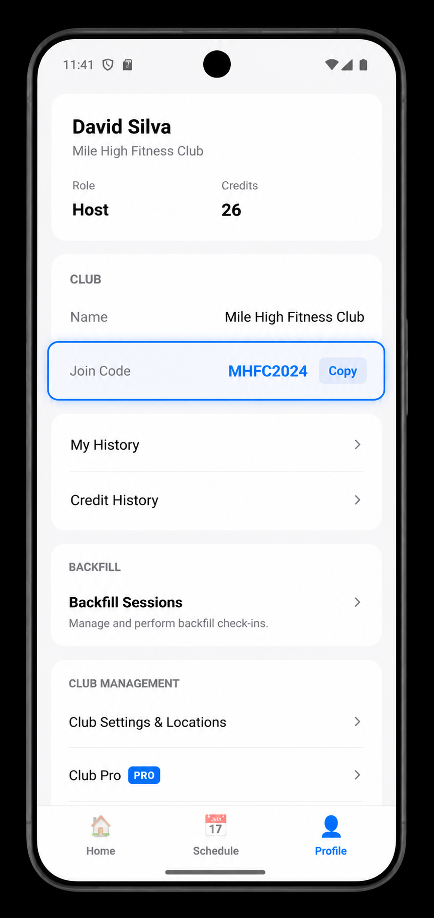 Passeo Profile screen showing the highlighted club join code