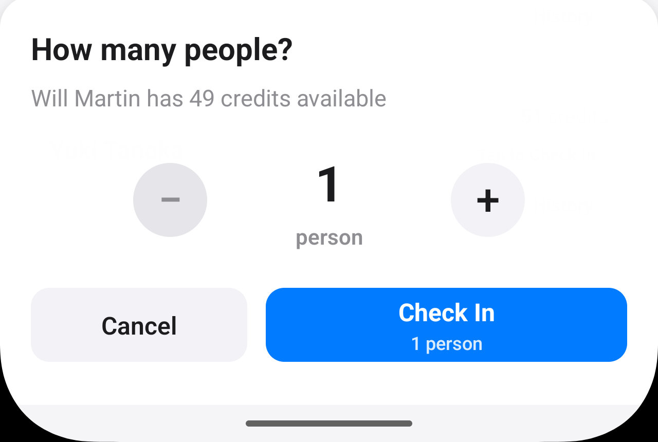 Passeo check-in screen showing number of people selection