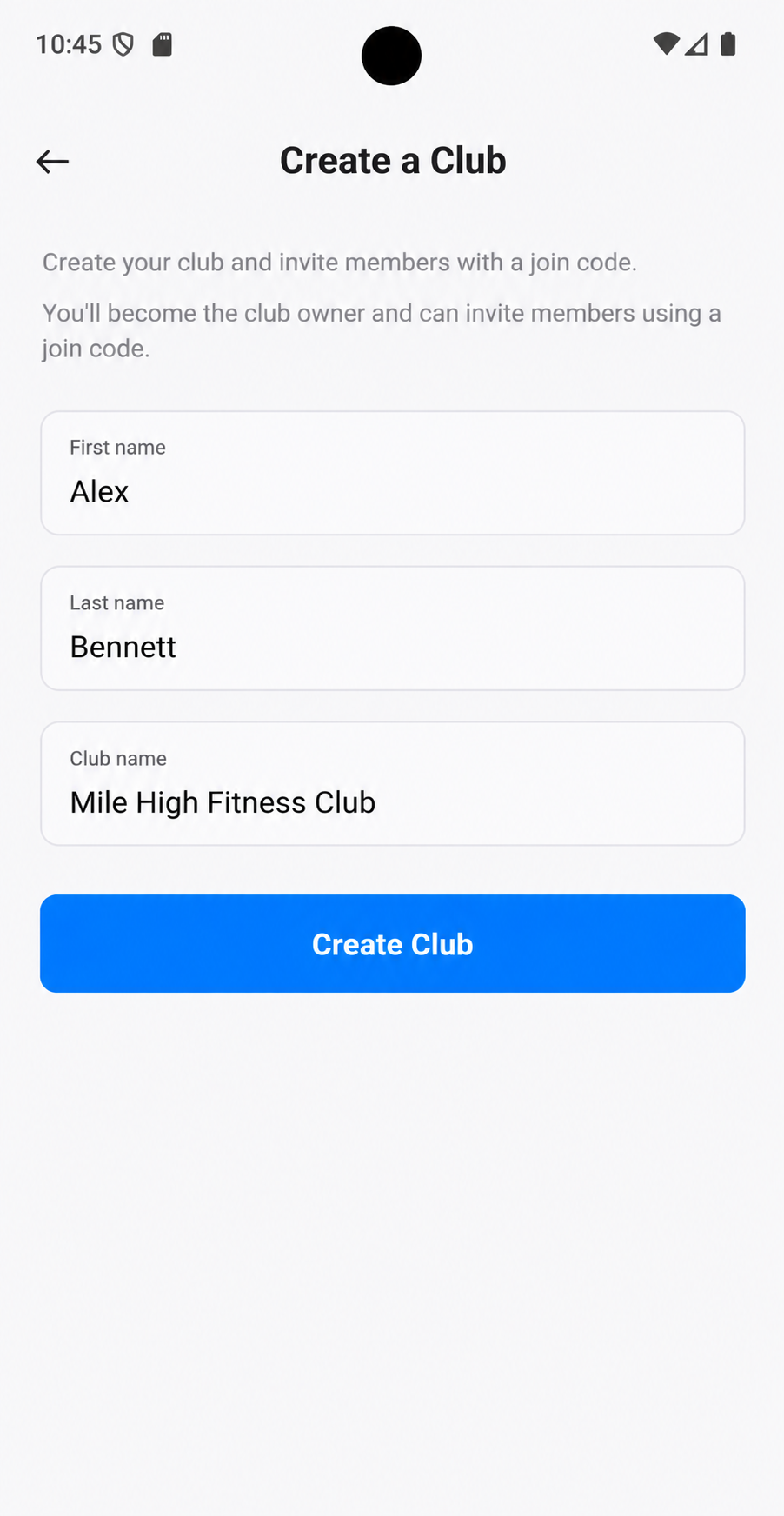 Passeo Create a Club form with name and club name fields filled in