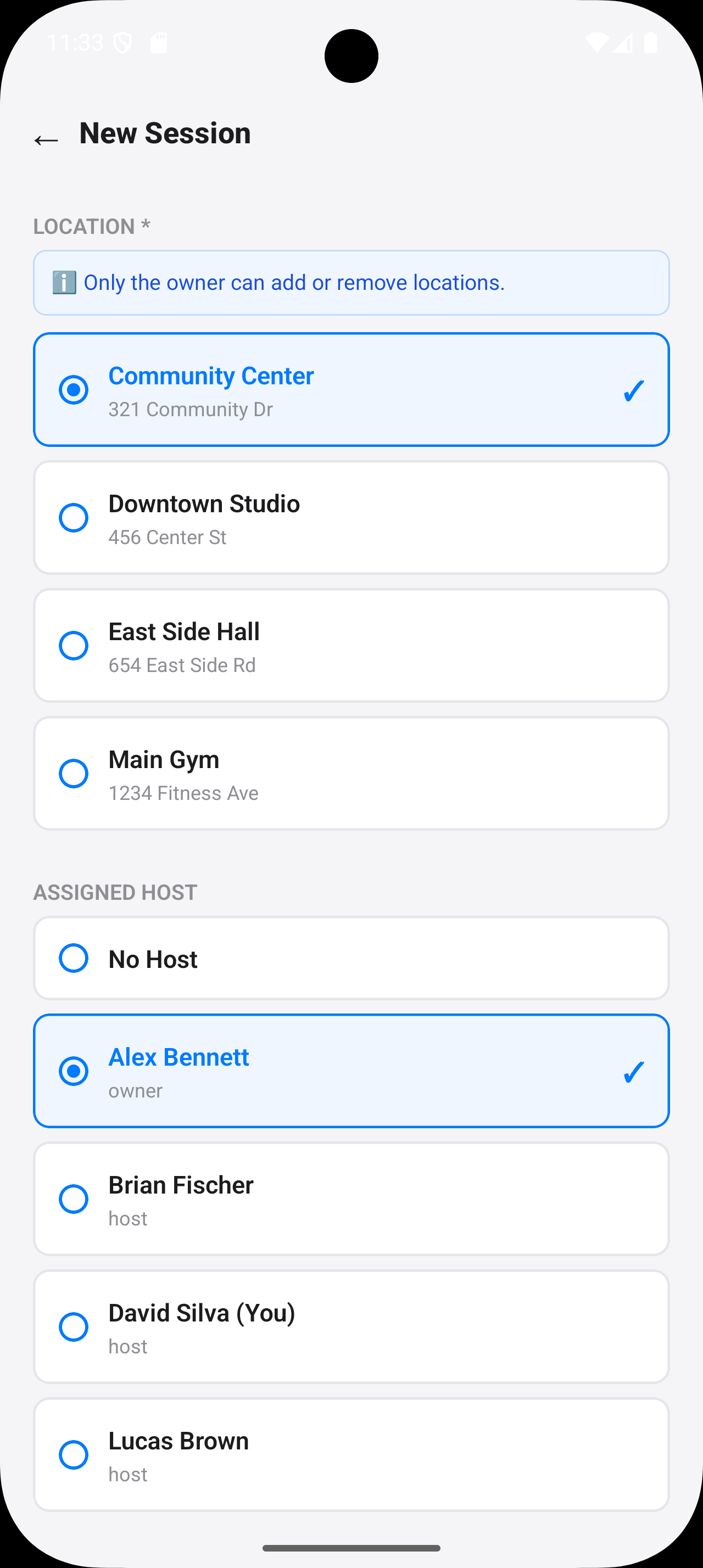 Passeo new session screen showing location and host selection