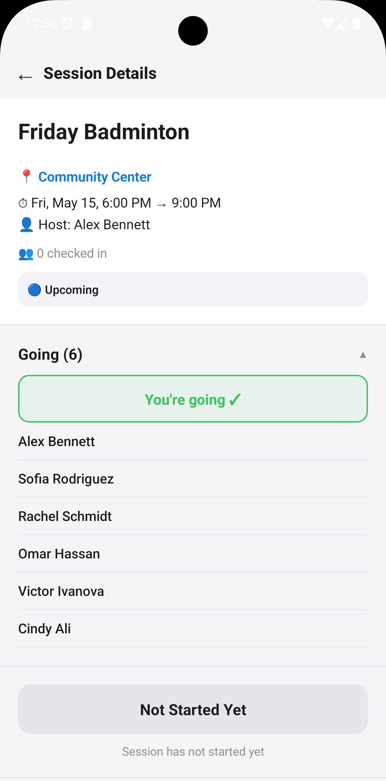 Passeo Session Details screen showing members marked as going