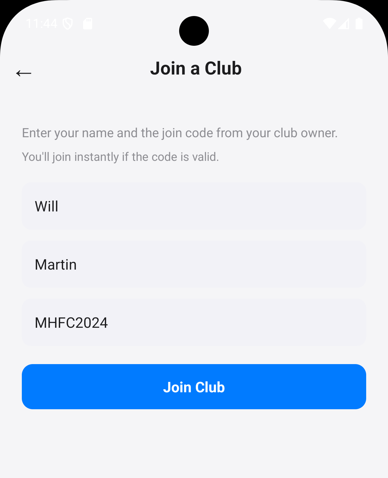 Passeo Join Club screen showing join code entry