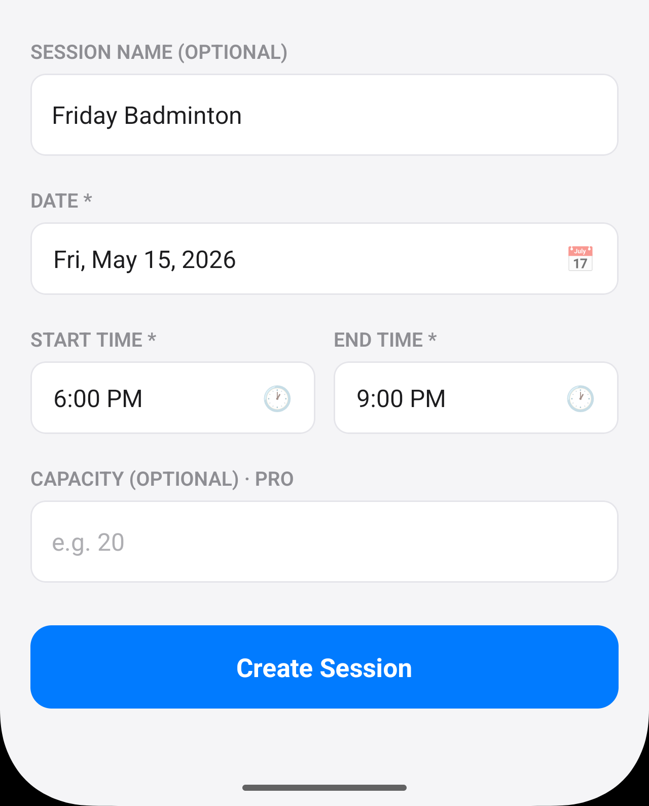 Passeo create session form showing session details and Create Session button