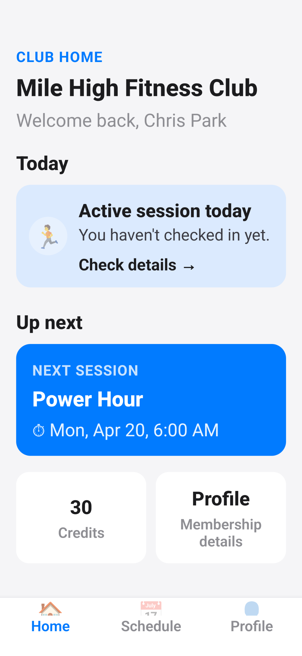Passeo app home screen showing active sessions, next session, and credits