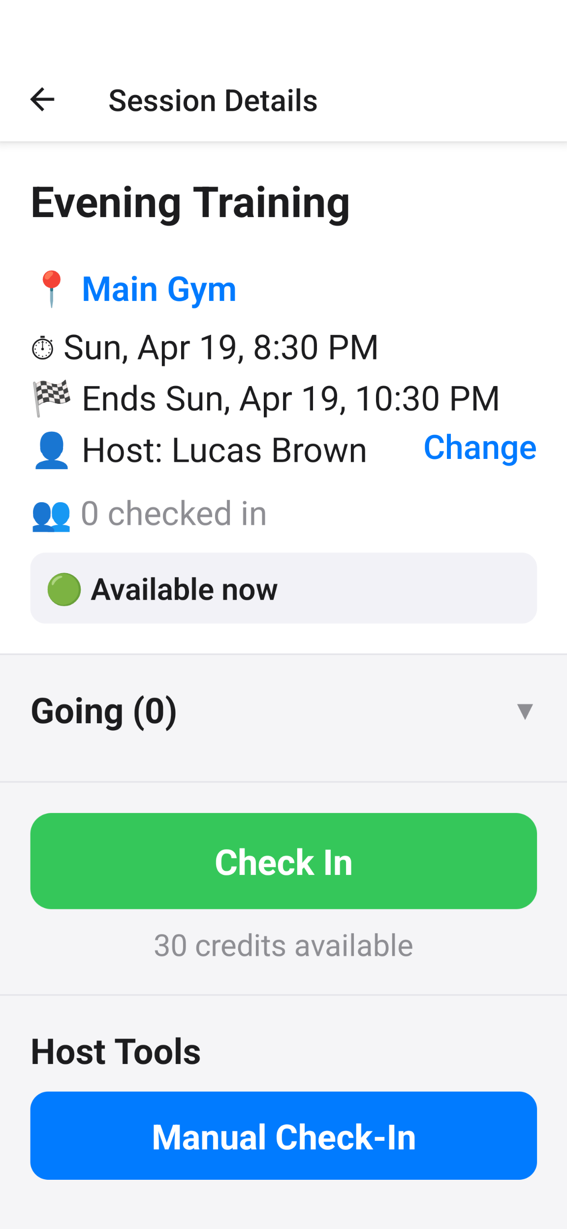 Passeo session details screen with check-in actions and host tools