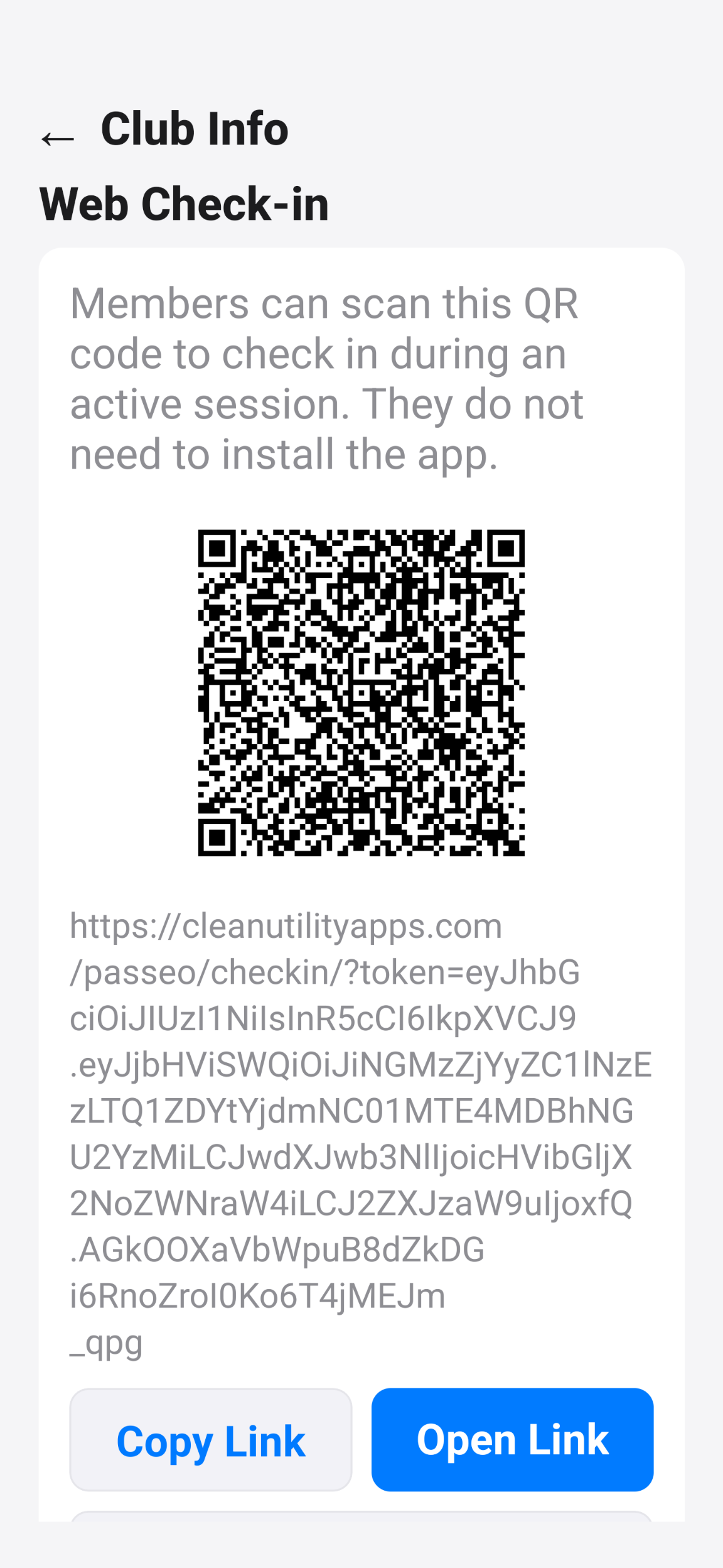 Passeo Club Info screen showing the Web Check-In QR code.