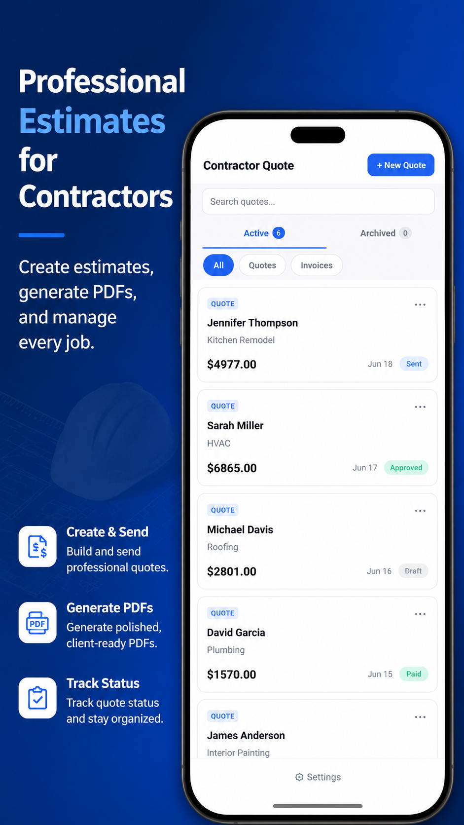 Contractor Estimate and Quote home dashboard with active quotes and invoices