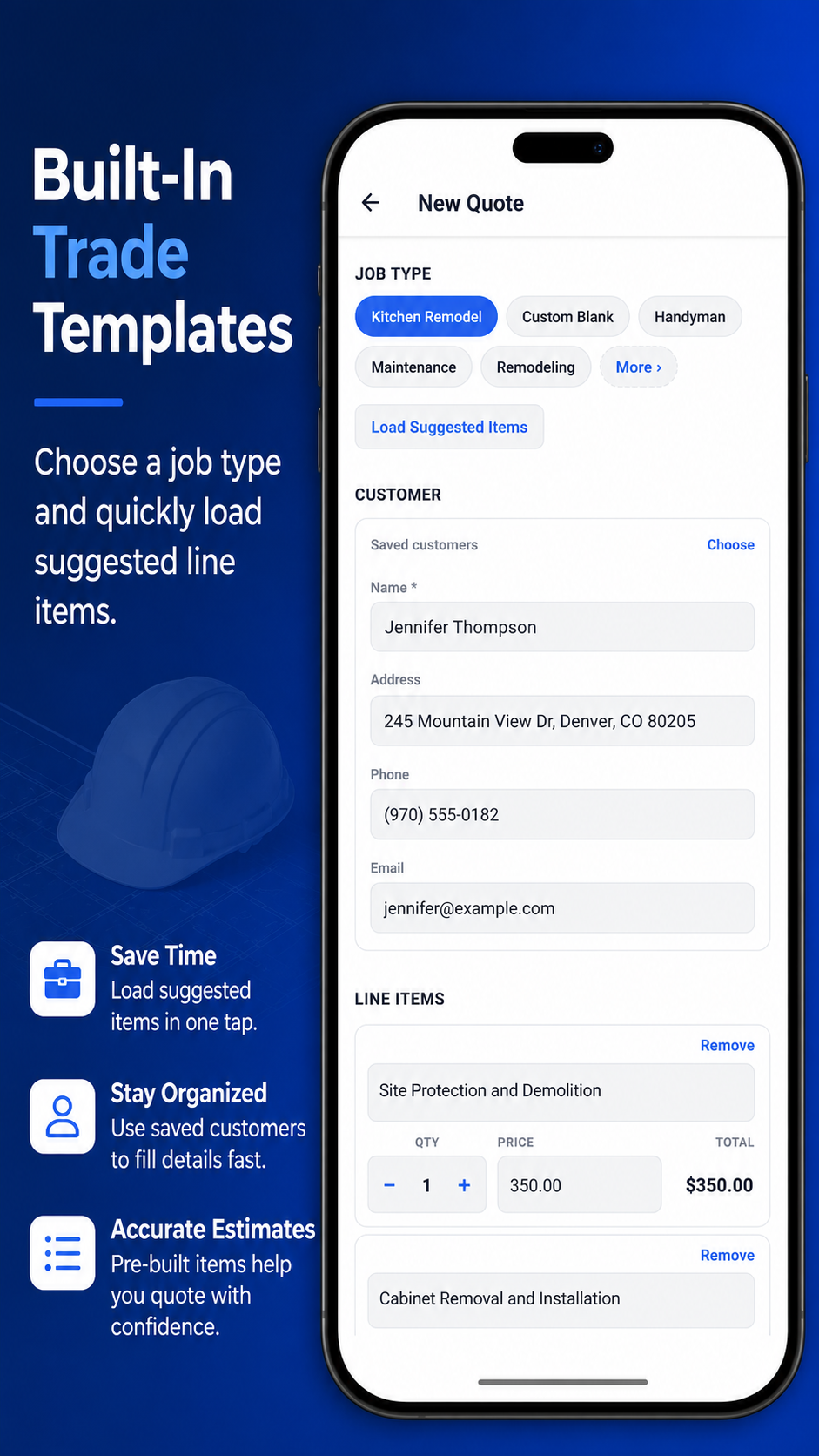 Create a new contractor quote using job types and customer information