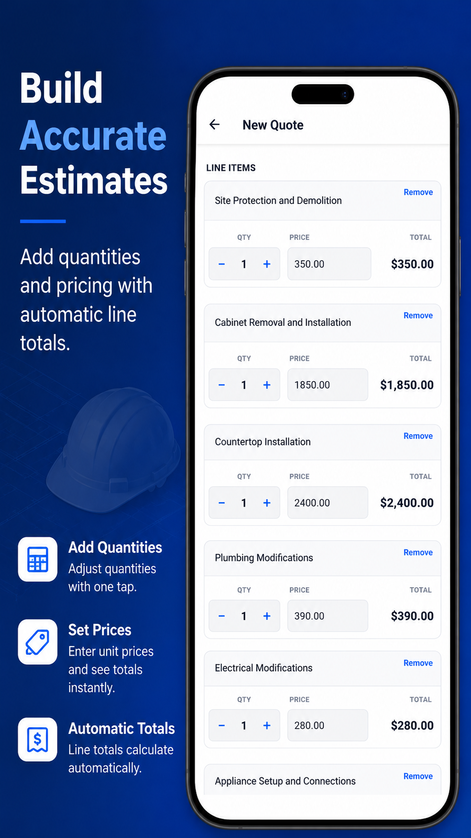 Add and customize contractor estimate line items, quantities, and prices