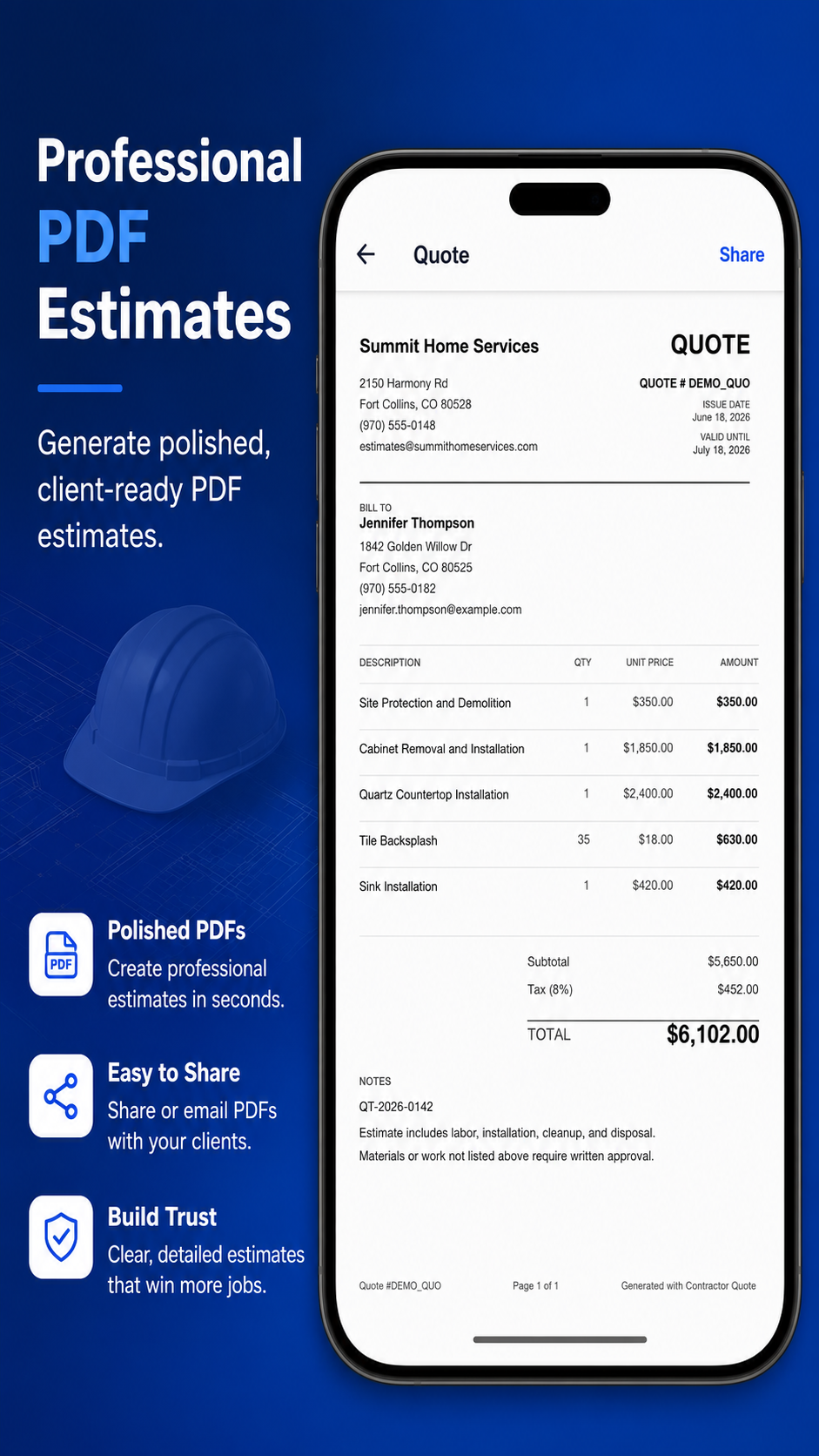 Professional PDF quote preview ready to share with a customer