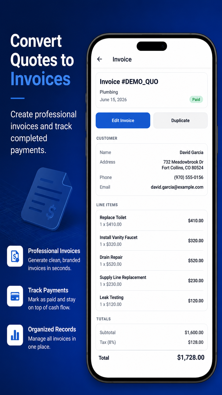 Convert a contractor quote into an invoice
