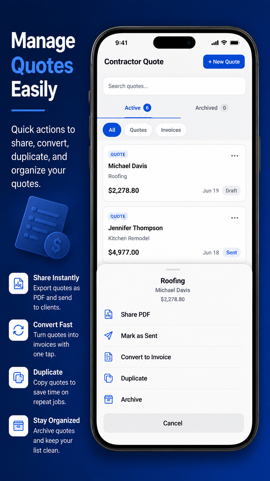 Manage contractor quote status, approval, payment, and archive actions
