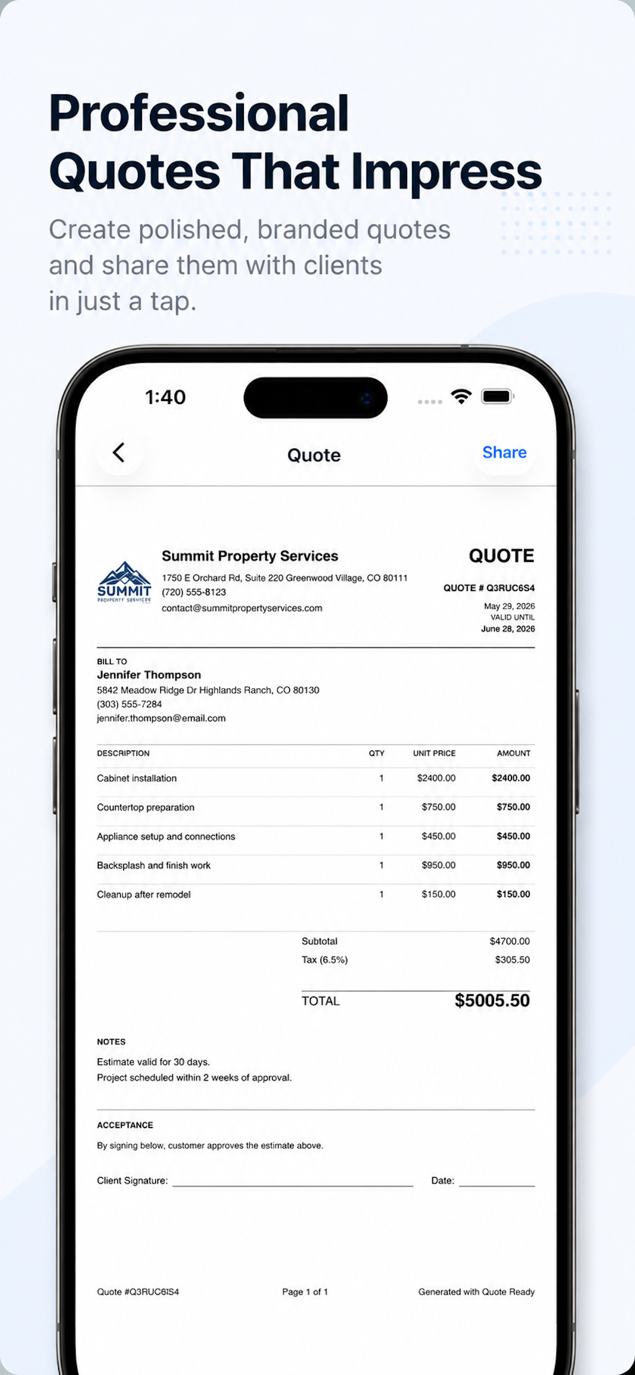 PDF quote preview screen